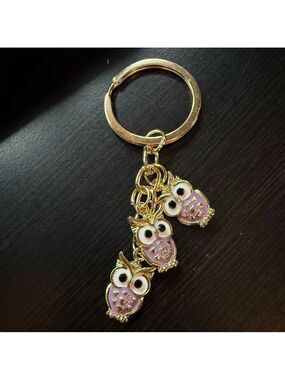 NEW Owl trio enamel key chain bag charm light purple lilac enamel on gold